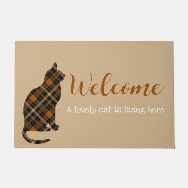 Paillasson Bienvenue - adorable chat en plaid (Devant)