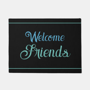 Paillasson Bienvenue Amis, Lt Turquoise & Sky Blue sur Noir,