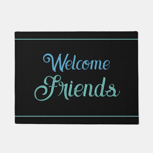 Paillasson Bienvenue Amis, Lt Turquoise & Sky Blue sur Noir,  (Devant)