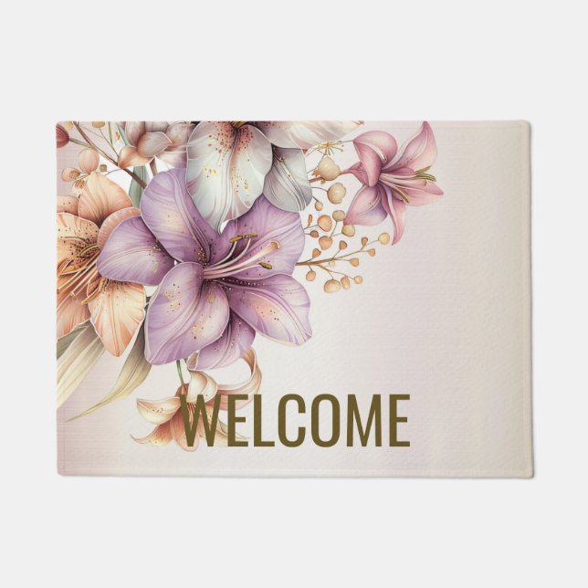 Paillasson Bienvenue Aquarelle Boho Rose Fleurs Élégant (Devant)