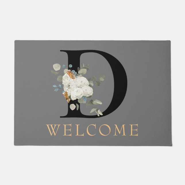 Paillasson BIENVENUE Blanc Floral Or Accents Monogramme D (Devant)