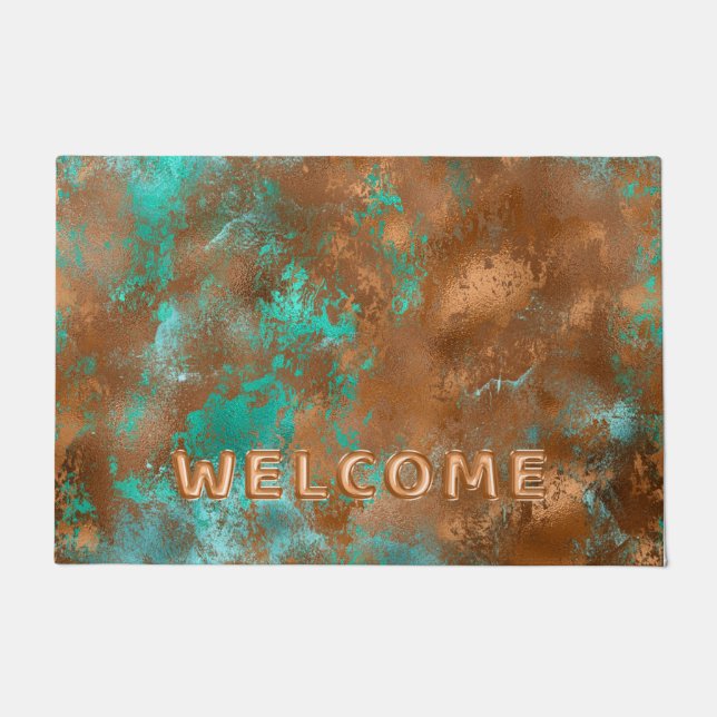 Paillasson Bienvenue Boho Turquoise Cuivre Grunge (Devant)