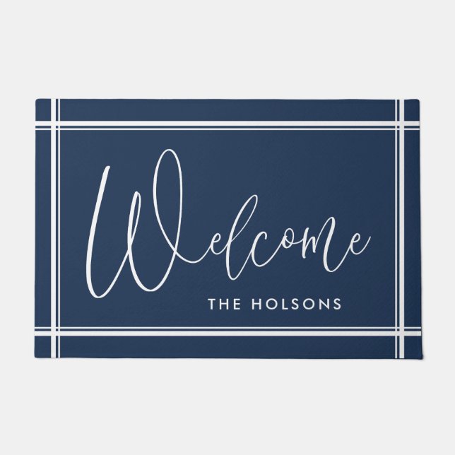 Paillasson Bienvenue Calligraphie Script Nom Marine (Devant)