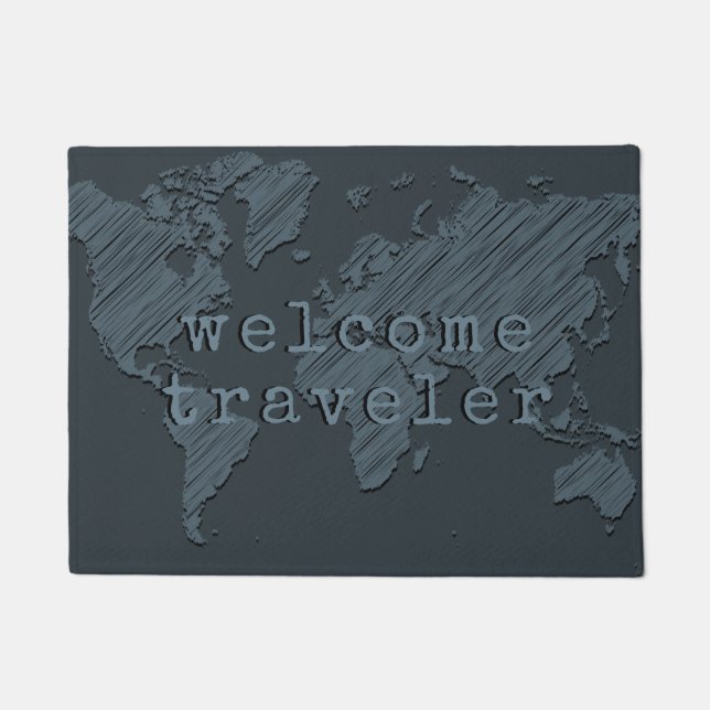 Paillasson Bienvenue Carte du monde du voyageur gris foncé (Devant)