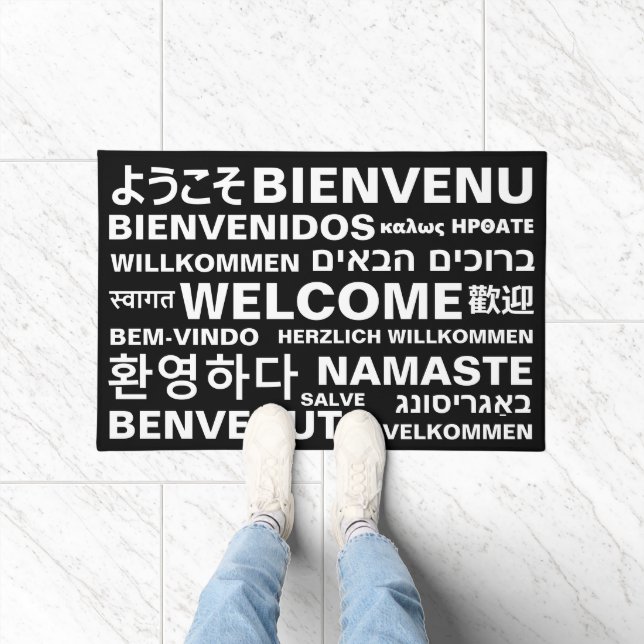 Paillasson Bienvenue dans différentes langues noir blanc mode (Intérieur)