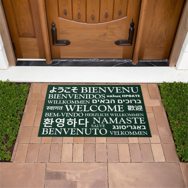 Paillasson Bienvenue dans différentes langues vert foncé élég (De plein air)