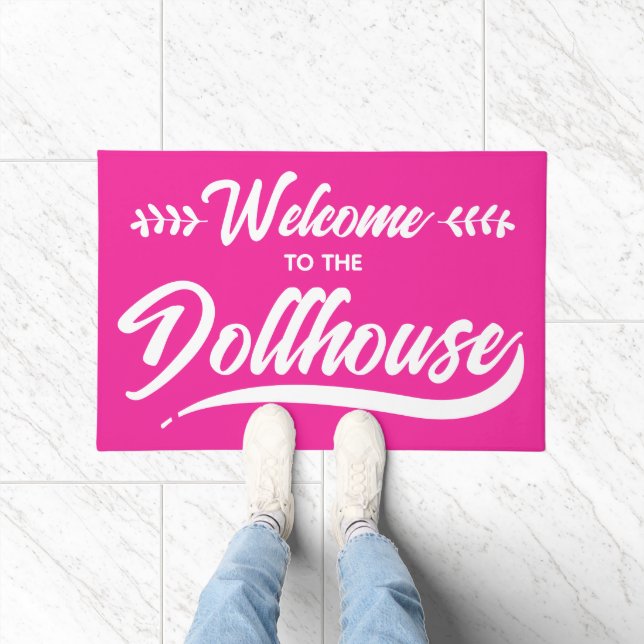 Paillasson Bienvenue dans le script rose vif de Dollhouse (Intérieur)