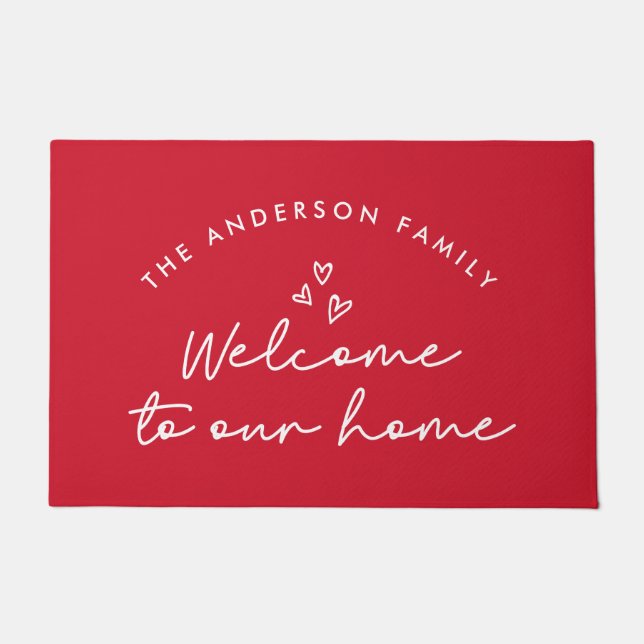 Paillasson Bienvenue dans notre maison script moderne rouge e (Devant)