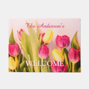 Paillasson Bienvenue et nom de famille, Tulipes roses et jaun