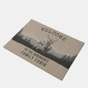 Paillasson Bienvenue Famille Cabine Cerf Pine Forêt Burlap