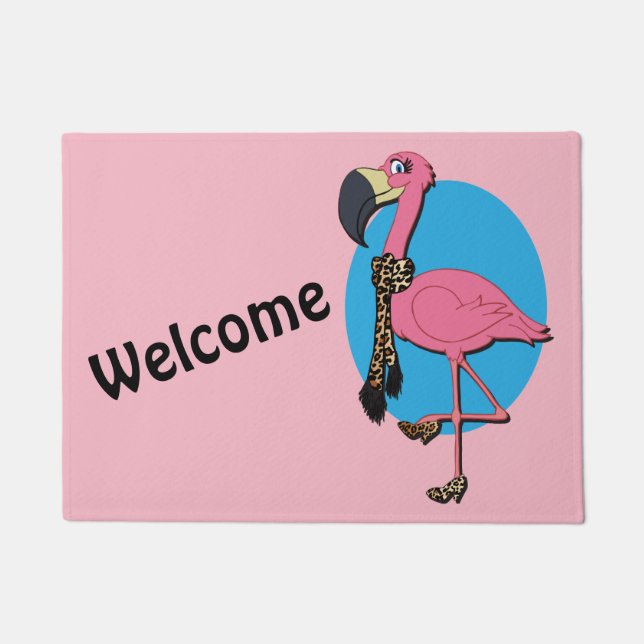 Paillasson Bienvenue Flamant rose fantaisie 18" x 24" Porte M (Devant)