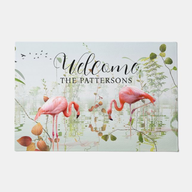 Paillasson Bienvenue Flamant rose tropical moderne Nom de fam (Devant)