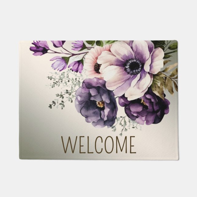 Paillasson Bienvenue Fleurs rose violet Doré Élégant (Devant)