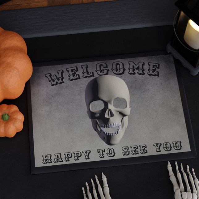 Paillasson Bienvenue heureux de vous voir Crâne Éffrayant Hal (Welcome Happy to See You Skull Spooky Halloween Doormat with space for your text)