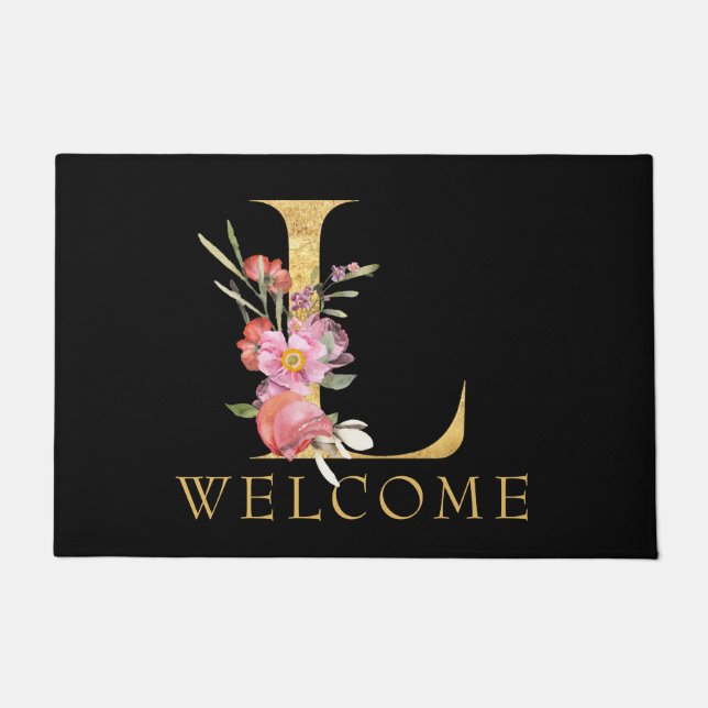 Paillasson BIENVENUE, Monogramme L or aux fleurs roses, Noir (Devant)