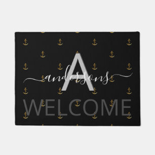 Paillasson Bienvenue noir ancre or noir monogramme bateau nau