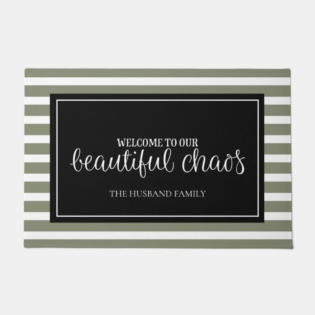 Paillasson Bienvenue Nom de famille personnalisé vert et blan (Devant)