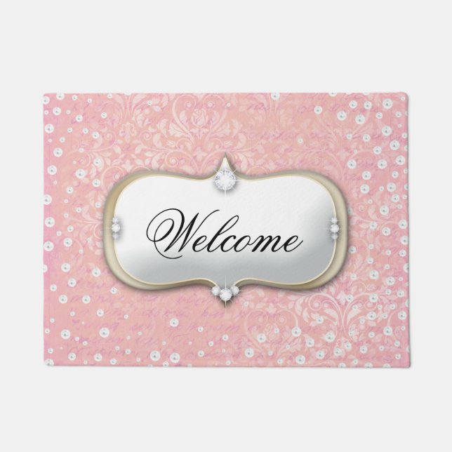Paillasson Bienvenue Pink Damask Pearl Monogram mat (Devant)