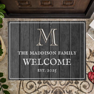 Paillasson Bienvenue Rustique Monogramme Blanc Famille Bois N