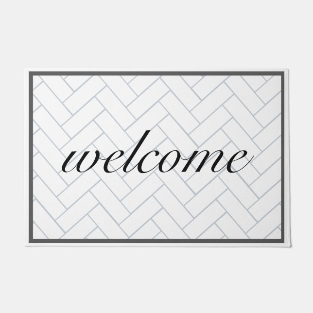 Paillasson Bienvenue Simple Noir Blanc Chevron Tile Farmhouse (Devant)