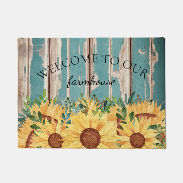 Paillasson Bienvenue Tournesol aquarelle et bois rustique  (Devant)