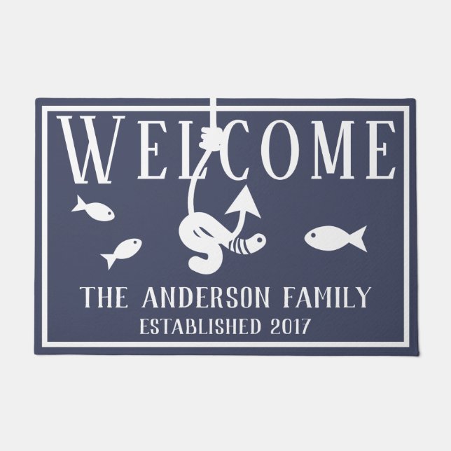 Paillasson Bienvenue Worm sur une maison de pêche et de hameç (Devant)