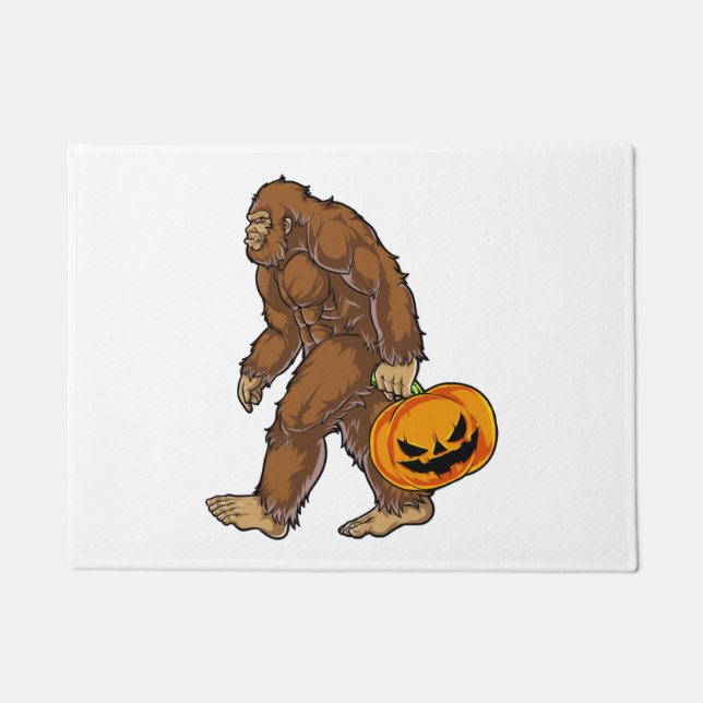 Paillasson Bigfoot Sasquatch portant un T-shirt Citrouille ef (Devant)