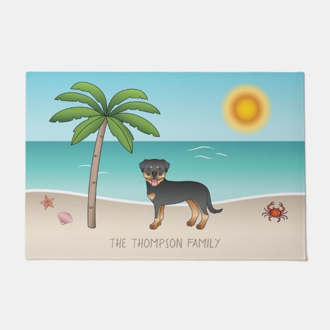 Paillasson Black & Tan Rottweiler À Une Plage Tropicale D'Été (Devant)