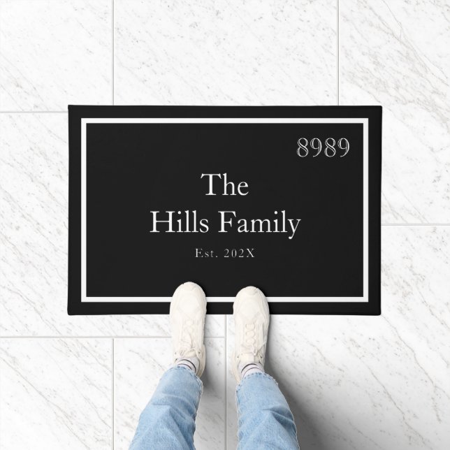 Paillasson Black White Monogram Family Name House Number (Intérieur)