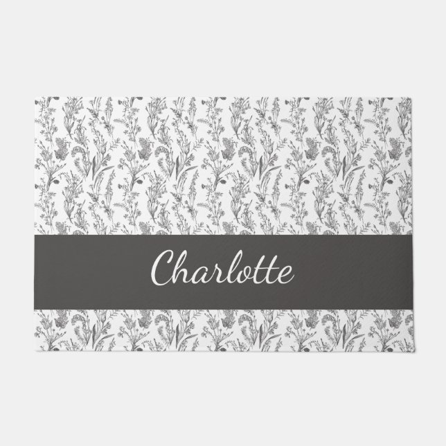 Paillasson Black White Toile Floral Custom Name (Devant)