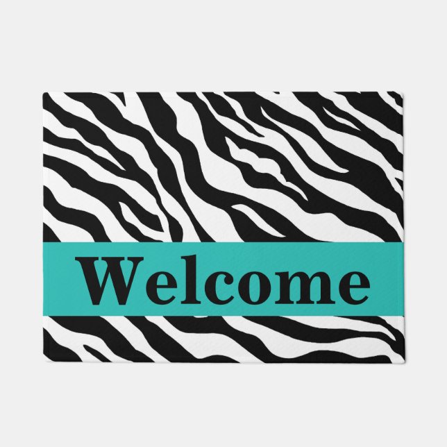Paillasson Black White Turquoise Zebra Motif de peau Bienvenu (Devant)