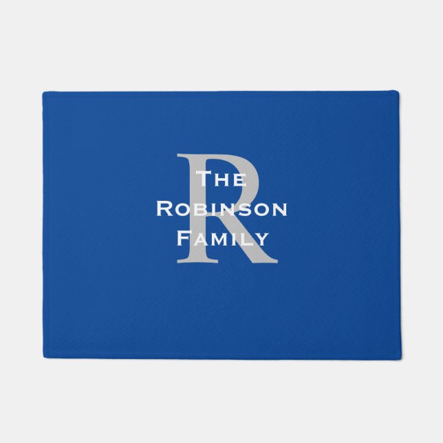 Paillasson Blanc Bleu Gris Nom Monogrammé  (Devant)