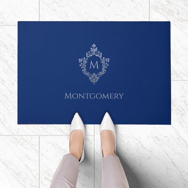 Paillasson Blason de monogramme bleu royal faux argent orné n (Créateur téléchargé)