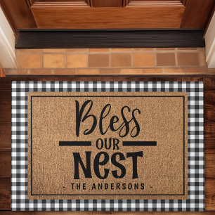 Paillasson Bless Notre Nid Ferme Plaid Burlap Doormat