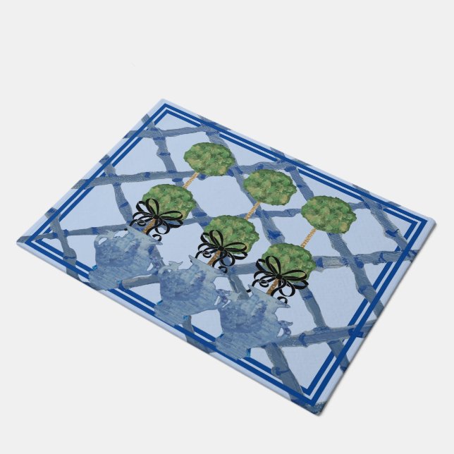 Paillasson Bleu Bambou Chinoiserie Ginger Jar Doormat Rug (Incliné)