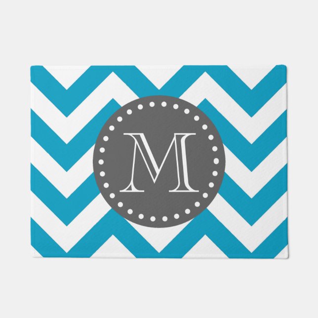 Paillasson Bleu blanc gris Zigzag Chevron Monogramme (Devant)