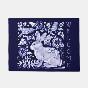 Paillasson Bleu & Blanc Rabbit Oiseau Bienvenue Floral Dedham