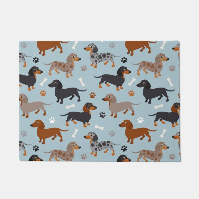Paillasson Bleu de Dachshund Paws et Bones Motif (Devant)