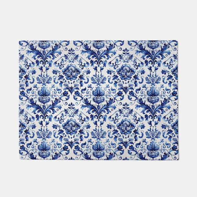 Paillasson Bleu et blanc Delft style ornement floral motif (Devant)