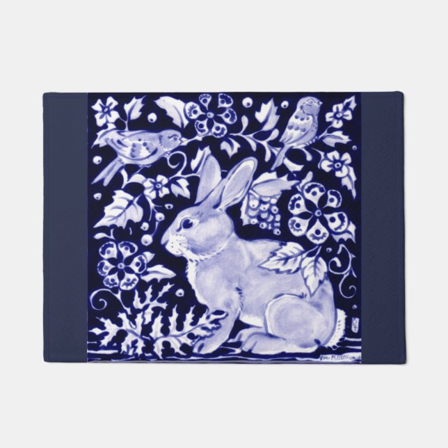 Paillasson Bleu et blanc Rabbit Bird Porte Florale Bienvenue (Devant)