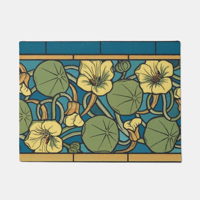 Paillasson Bleu jaune Nasturtium Fleur Nouveau Motif (Devant)