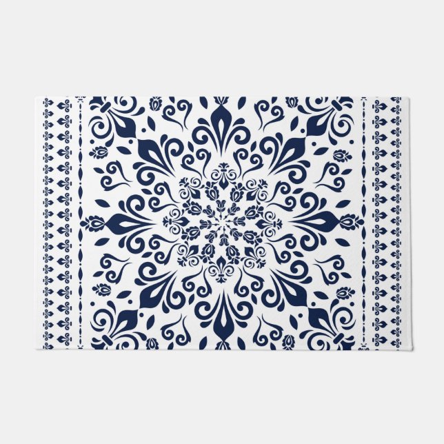 Paillasson Bleu oriental de damassé sur le blanc (Devant)