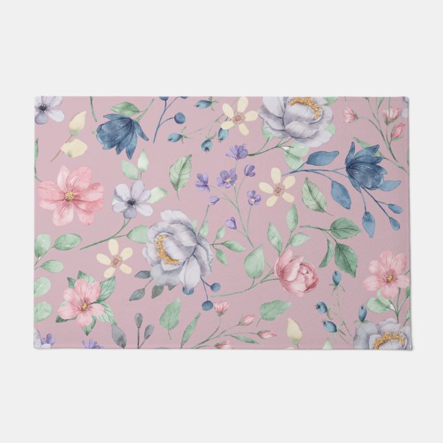 Paillasson Bleu rose et jaune Floral pourpre (Devant)