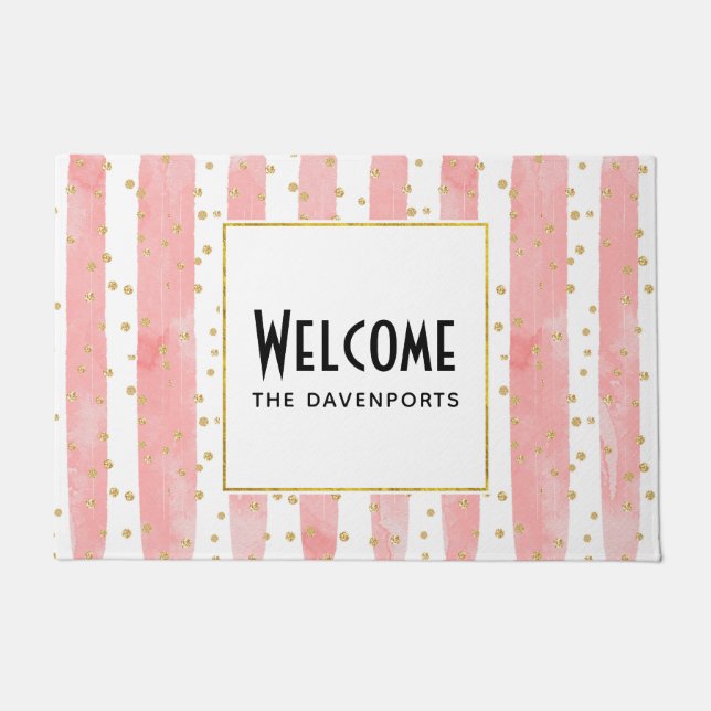 Paillasson Bleu rose | Faux Gold Confetti Bienvenue (Devant)