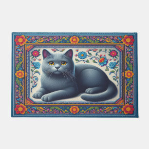 Paillasson Bleu russe réaliste Chat Colorful Frontière floral