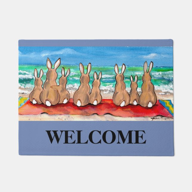 Paillasson Blue Beach House Rabbit Bienvenue Mat Personnalisé (Devant)