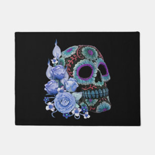Paillasson Blue Floral Black Sugar Skull Jour des morts