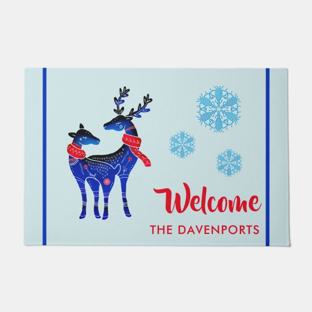 Paillasson Blue Nordic Christmas Reindeer Pair Bienvenue (Devant)