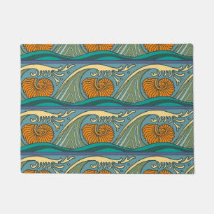 Paillasson Blue Ocean Waves Nautilus Seashell Motif Nouveau