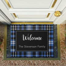 Blue Plaid Welcome Monogramme Nom de famille